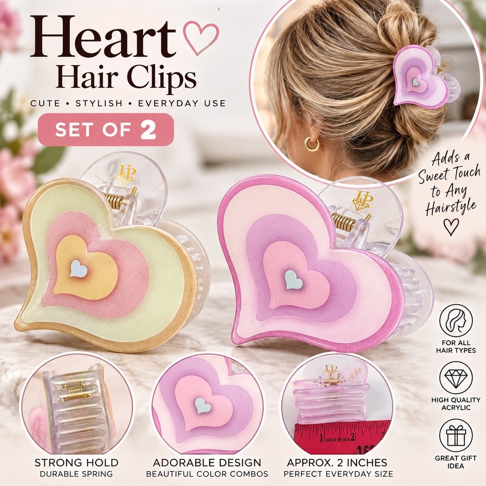 Set of 2 Heart Hair Claw Clips Pink Yellow Acrylic Y2K Hair Accessories New